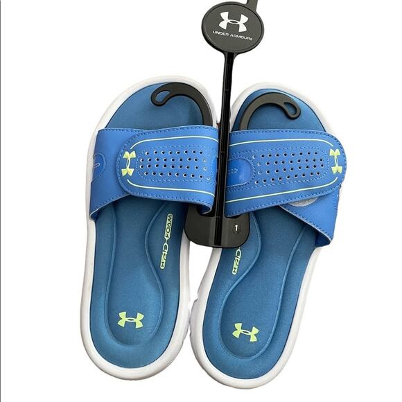 NWT Under Armour Youth Blue Velcro Slides size 1 - Picture 1 of 3